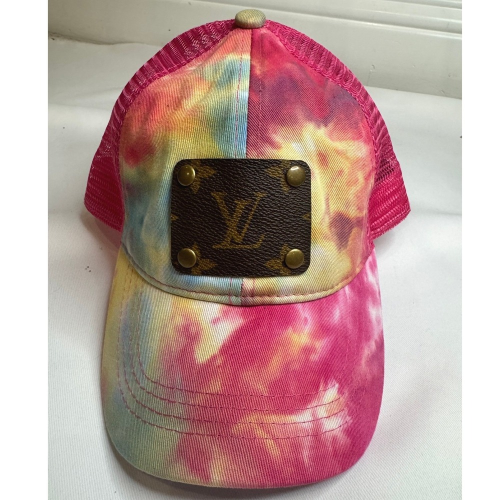 C.C. Tie Dye Trucker Hat Women OS‎ Pink Repurposed Patch Ponytail Cap Excellent